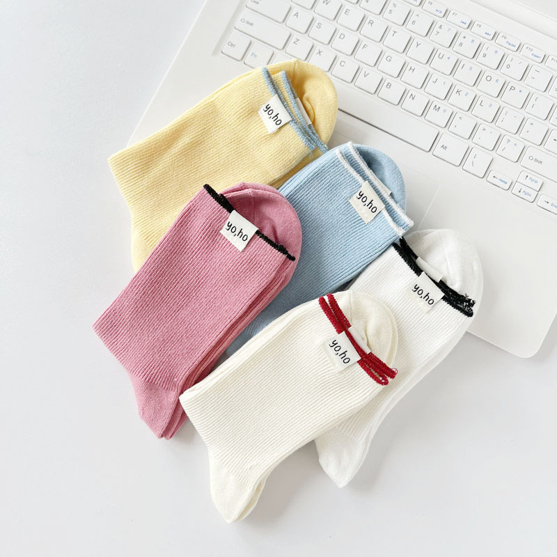 Dopamine tide cream colored children's spring and summer breathable middle tube pile fabric label women's socks, double_voghion.com