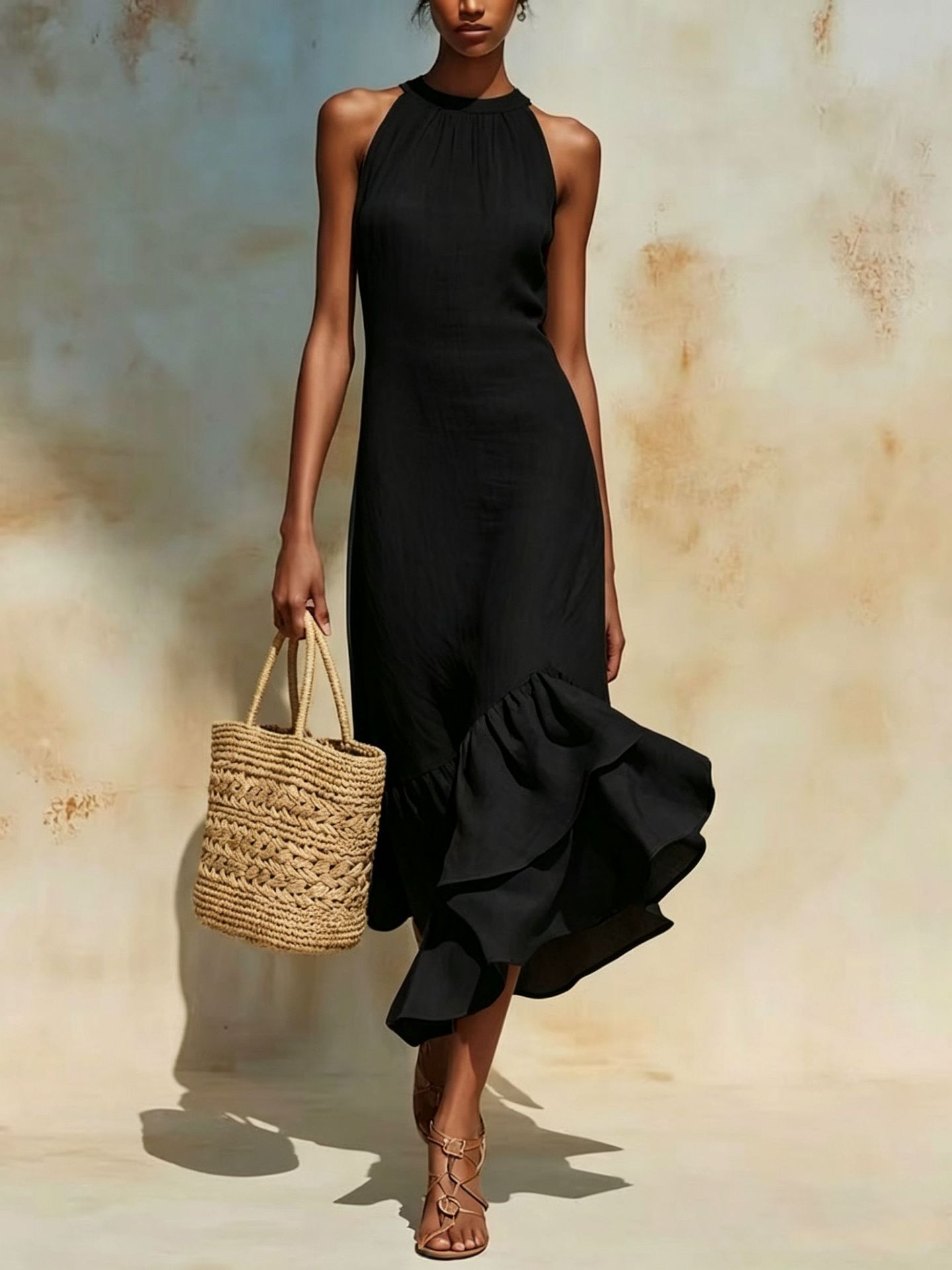 Women's Clothing Summer Women's Elegant Sleeveless Round Neck Ruffle Hem Dress Fashion Style For Formal & Casual For Women_ecoleips.com