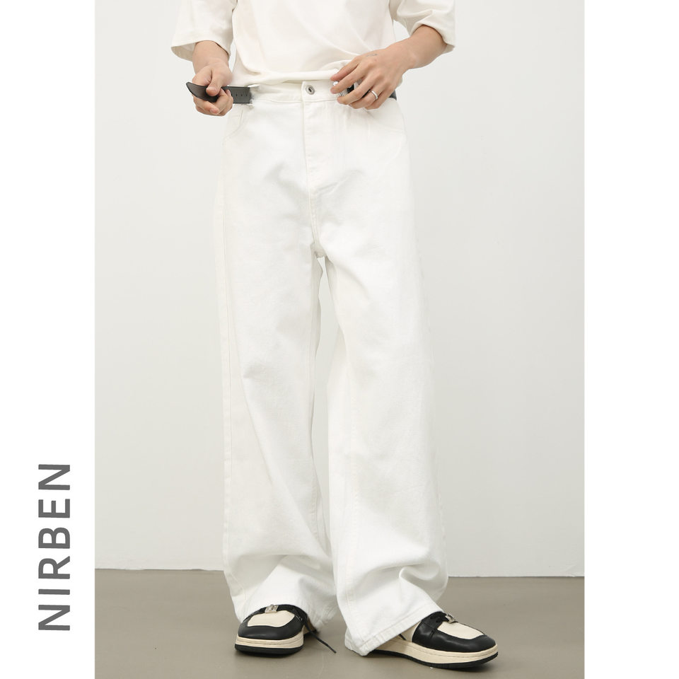 Quần jean nam ống rộng lưng thun bán co giãn phong cách retro — Màu gốc đen, Màu trắng, Màu xanh hoài cổ, Màu đen