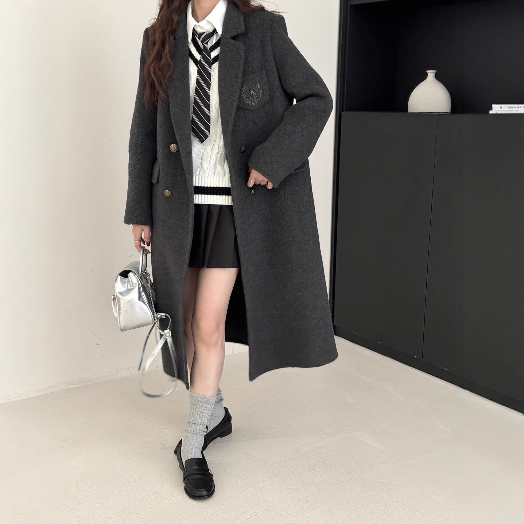 2025秋冬新款双面呢羊毛大衣制服学院风垫肩显瘦西装羊毛呢外套女