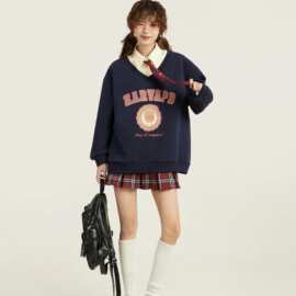 LC821美式复古藏蓝色假两件v领无帽套头卫衣女秋冬季学院风设计感