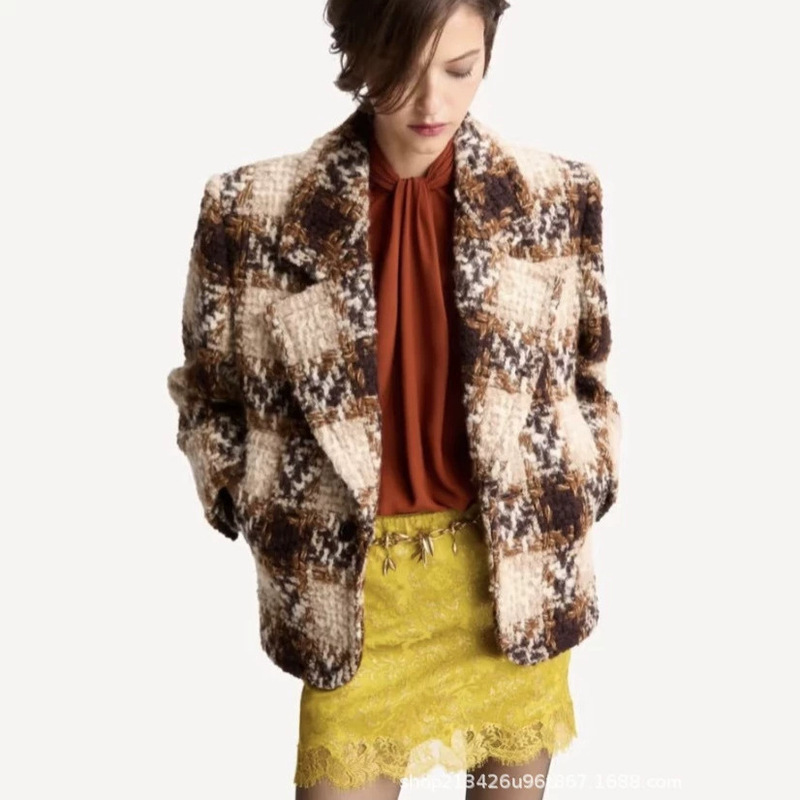 26 new autumn and winter brown plaid tweed short blazer, stylish and elegant
