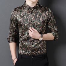 批发秋季时尚潮流男士长袖桑蚕丝绸缎花衬衫男装高档印花薄衬衣服