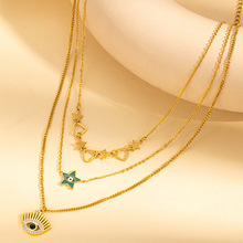 欧美时尚创意钛钢饰品复古三层锁骨链爱心眼睛五角星配件链条项链