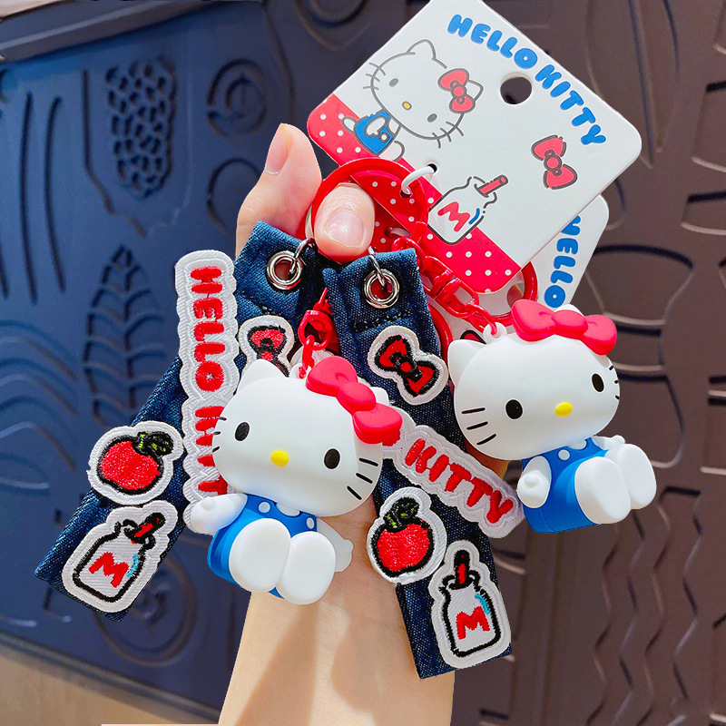 正版卡通三丽鸥KT凯蒂猫牛仔布公仔系列玩具钥匙扣可爱书包小挂件|undefined