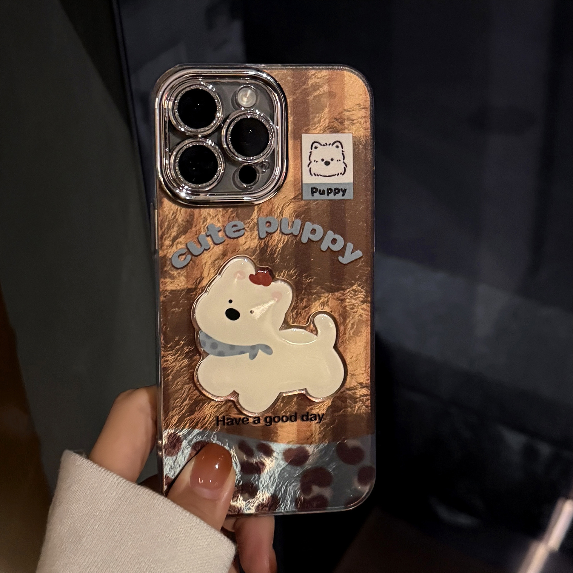 Lente de brillo de cachorro blanco a rayas de hilo de plumas de una sola cáscara tx