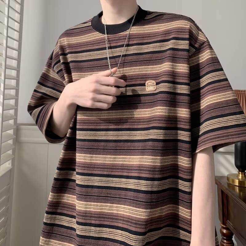 Striped Crewneck Short-sleeved T-shirt Men's Summer Thin Loose Casual Top American Style High Street Trendy Half-sleeved T-shirt Striped Crewneck Short-sleeved T-shirt Men's Summer Thin Loose Casual Top American Style High Street Trendy Half-sleeved T-shirt