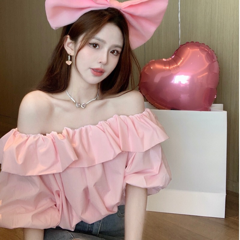 Short-sleeved Spice Girl Square Collar Solid Color French Retro Summer Short-sleeved Shirt Chiffon Shoulder Short Navel New Style