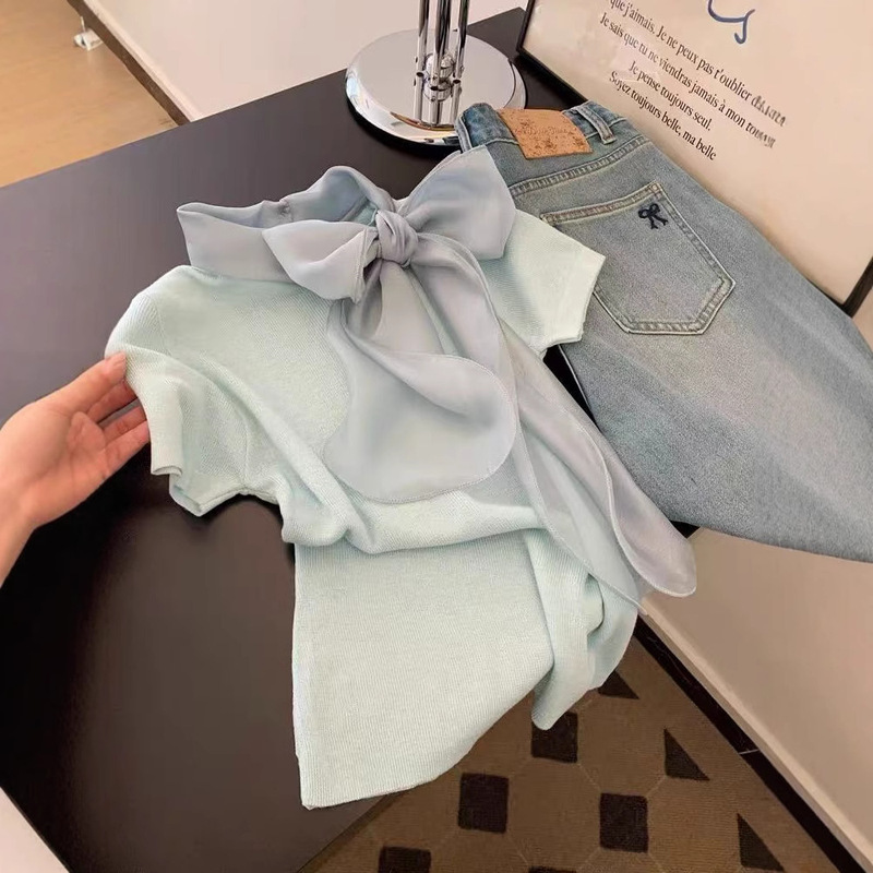 Bowknot Design Sense Knitted Short-sleeved T-shirt Women's Short Flying-sleeved Mint Mambo Green Elegant Top Ins