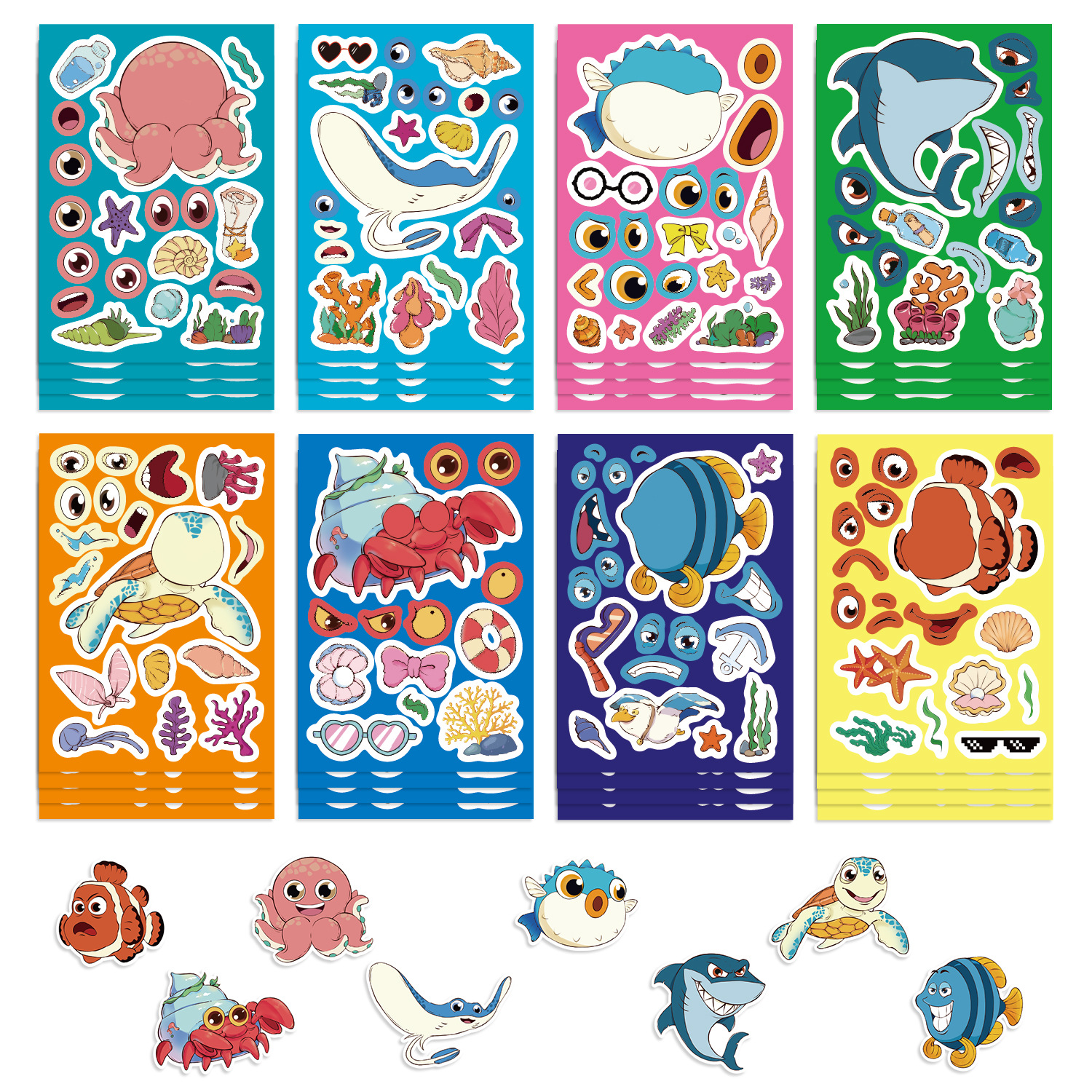 เคสโทรศัพท์ แก้วน้ำ สเก็ตบอร์ด กันน้ำ PVC ลายการ์ตูนปลา ตกแต่งด้วยภาพวาดเปลี่ยนหน้า แต่งตัว ตัดแปะ สัตว์ทะเล จำนวน 8 แผ่น