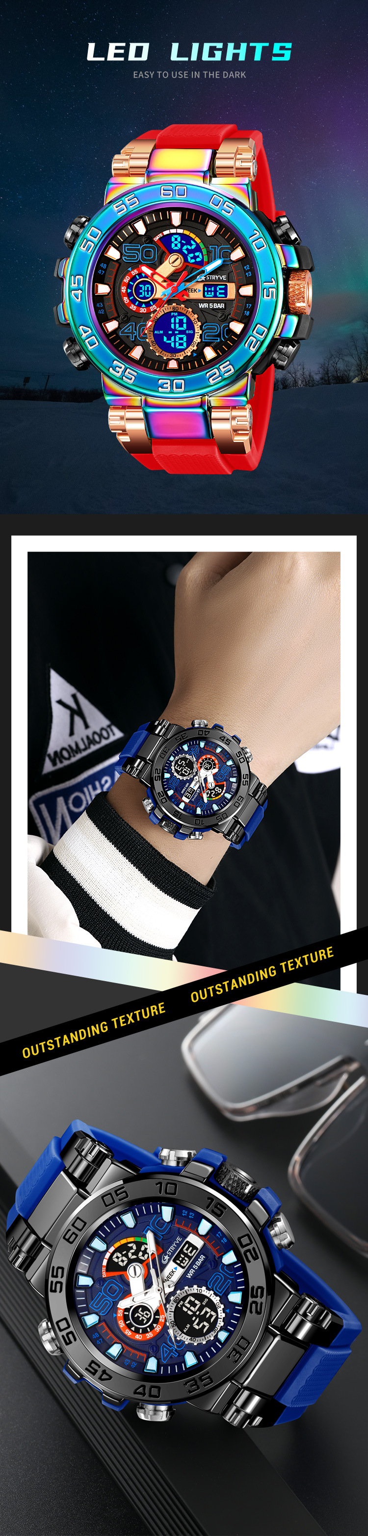 STRYVE Nei Sport Faarweg Liicht Chronograph Elektronesch Waasserdicht Auer Studenten Auer 8030_voghion.com