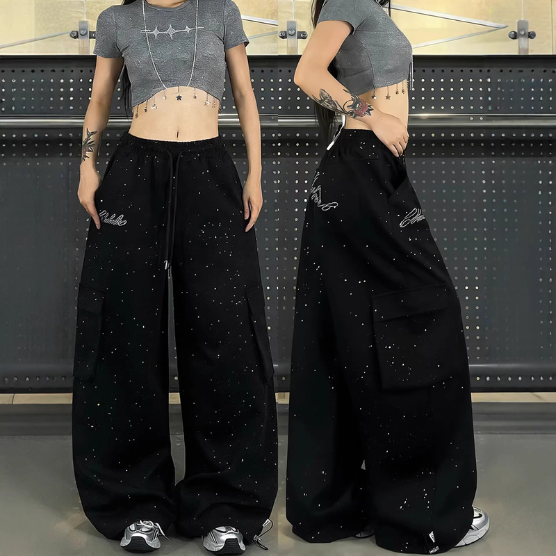 American Hip-Hop Style Black Rhinestone Wide-Leg Pants for Women, Loose Drawstring Casual Long Pants, Jazz Street Dance Sweatpants American Hip-Hop Style Black Rhinestone Wide-Leg Pants for Women, Loose Drawstring Casual Long Pants, Jazz Street Dance Sweatpants