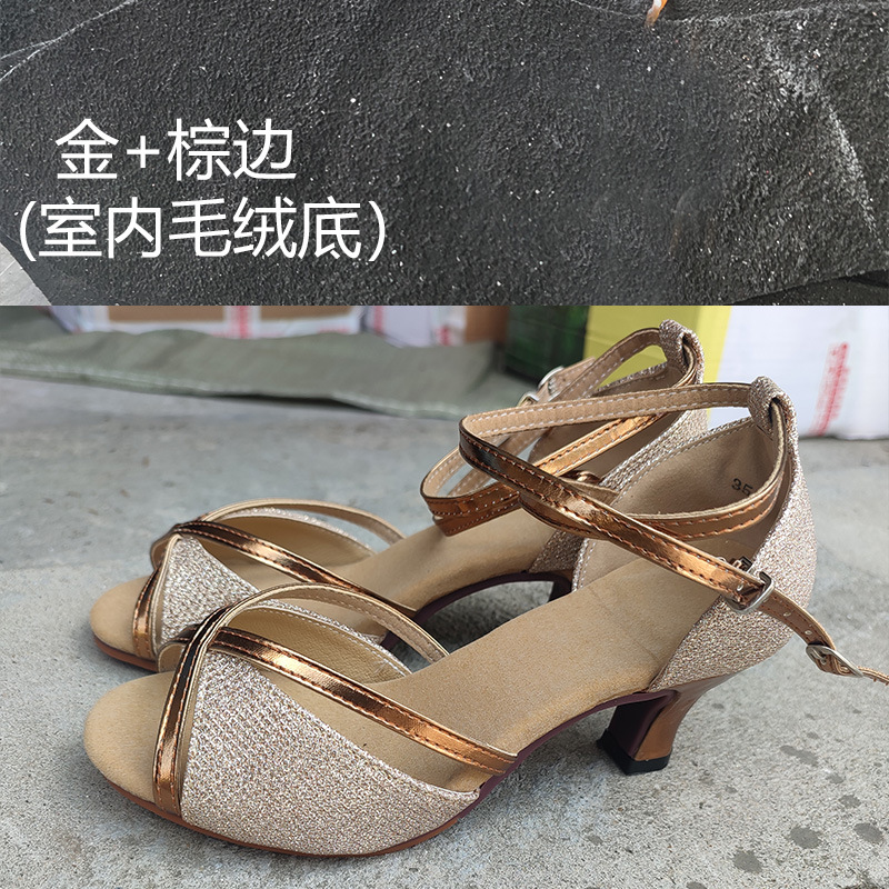 Primavera y verano peep toe mujeres adultas zapatos de baile latino hembra adulto mediados talón zapatos de baile de piel de vaca inferior suave