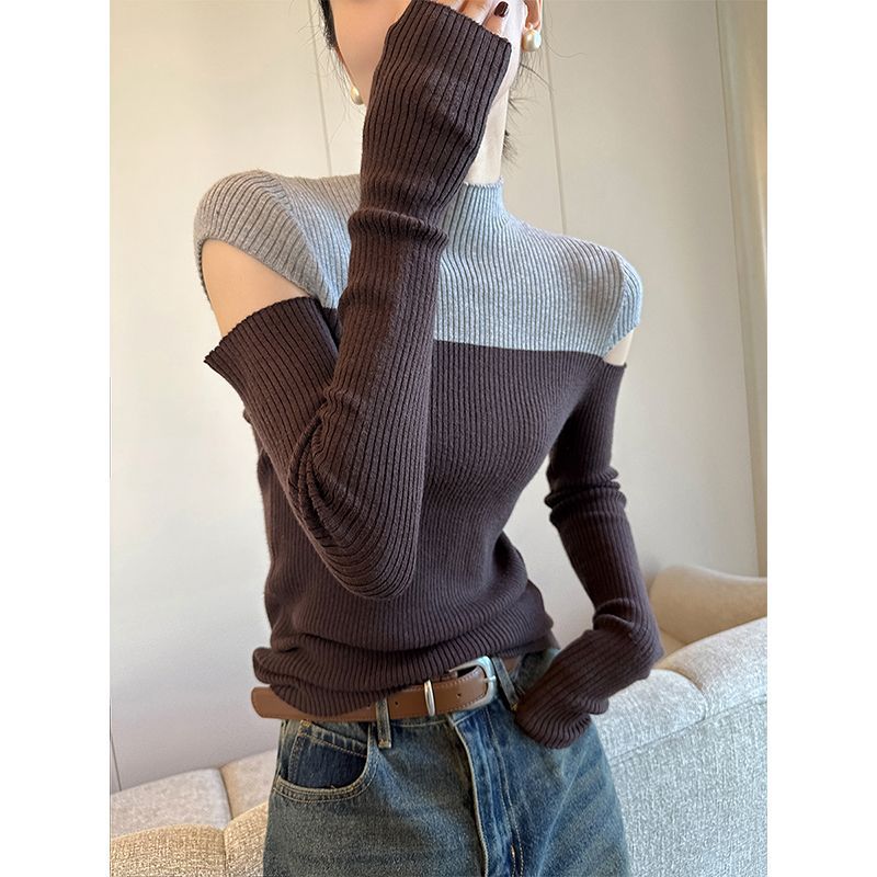 拼色半高领露肩针织衫女秋季新款设计感小众打底毛衣