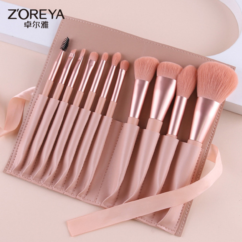 Zhuolya cepillo de sombra de ojos bolsa de cosméticos rizador de pestañas polvo suelto sombra de ojos rubor cepillo Rosa mango de madera 11 cepillos de maquillaje traje