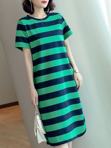 Striped Dress 2025 Summer Korean Style Loose and Slimming Medium Length Knee-Length Short Sleeve Top for Women