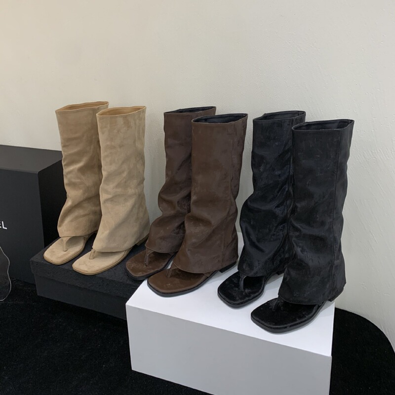 559-8 ~ Inner Height ~ French Square Head Clip Herringtop Cool Boots Women's 2024 Summer New High Tub Boots