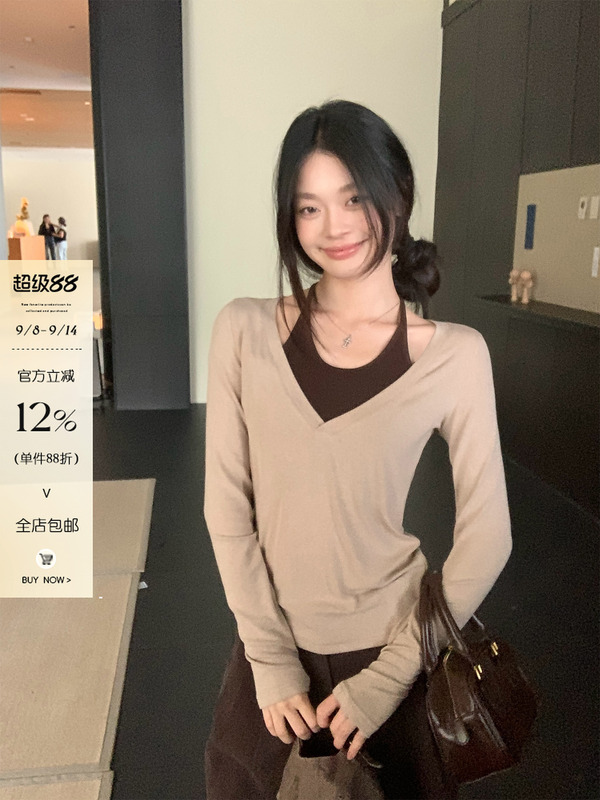 韩系挂脖假两件长袖T恤女秋季2025超好看内搭打底衫小上衣|undefined