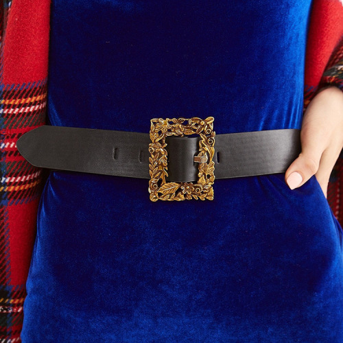 Cross-border Supply Ladies Square American Gold Retro Engraved Day buckle belt Elegant model Office Belt