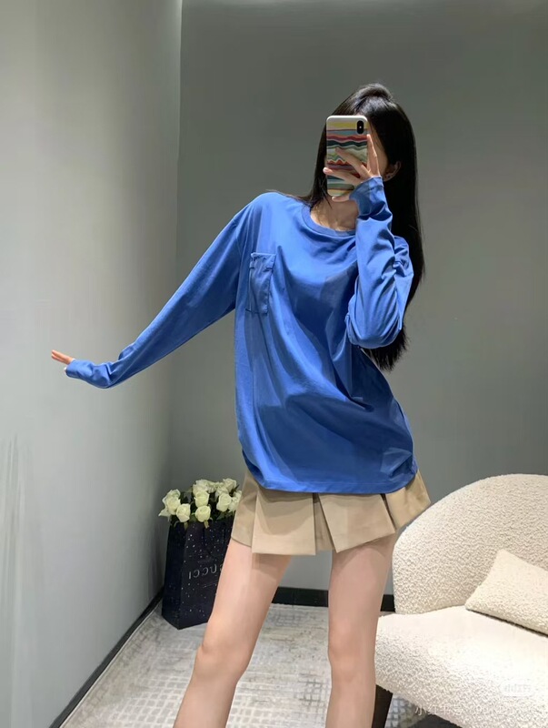 秋季新款MM口袋长袖纯色简约百搭宽松版刺绣男女同款打底衫上衣潮|undefined
