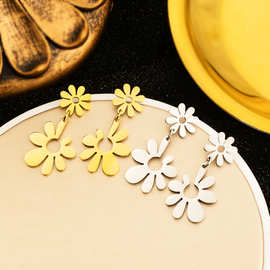 跨境爆品时尚简约创意镀金不锈钢小花开口吊坠配饰耳环耳饰女流苏