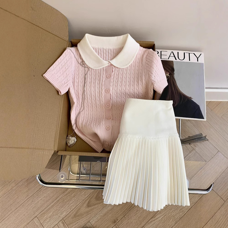 Pink Slim-fit Short-sleeved Shoulder T-shirt Women's Summer Elegant Short Slim-fit Top Polo Doll Collar Sweater for Women