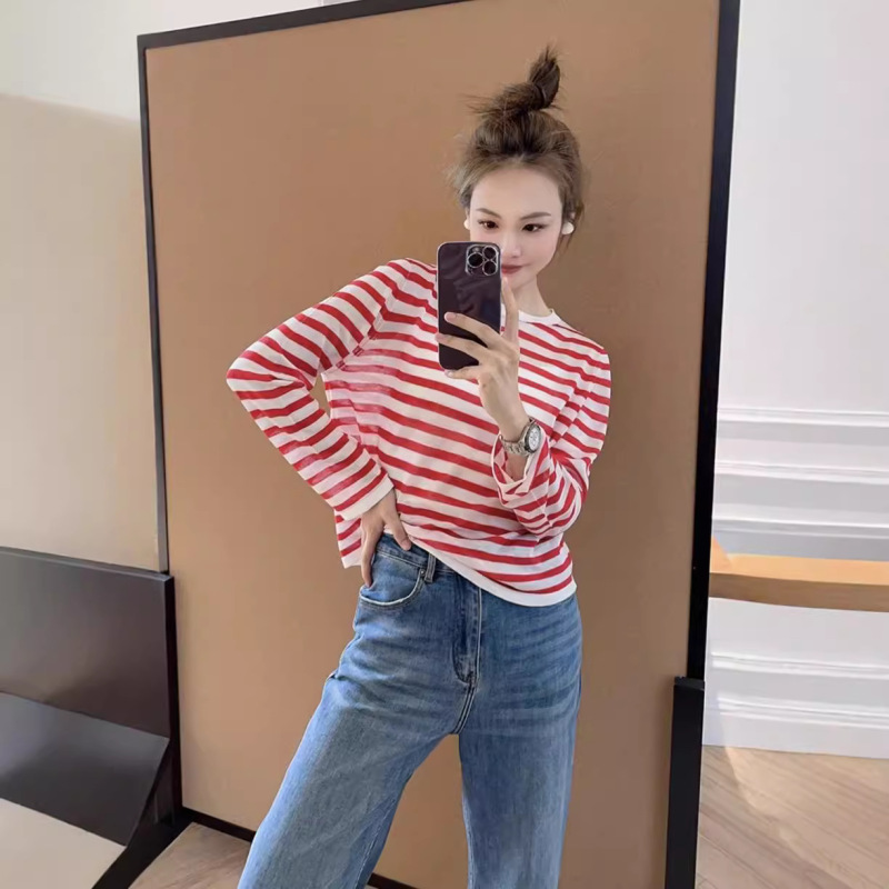 Autumn Thin Tencel Fabric Striped Knit Sweater Women's Loose Slimming Flesh Covering Top New Inner Base Shirt Autumn Thin Tencel Fabric Striped Knit Sweater Women's Loose Slimming Flesh Covering Top New Inner Base Shirt