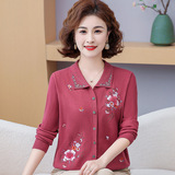 中老年女裝寬松上衣翻領(lǐng)薄毛衣媽媽春裝新款洋氣繡花針織開衫外套，女裝針織衫/毛衣，妃慕昵服飾