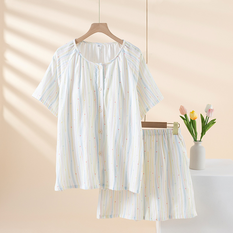 Summer Pure Cotton Gauze with Breast Pads for Women, Round Neck Cardigan, Short-Sleeved Shorts, Pajamas, No Need to Wear Intimates, Home Clothes Set