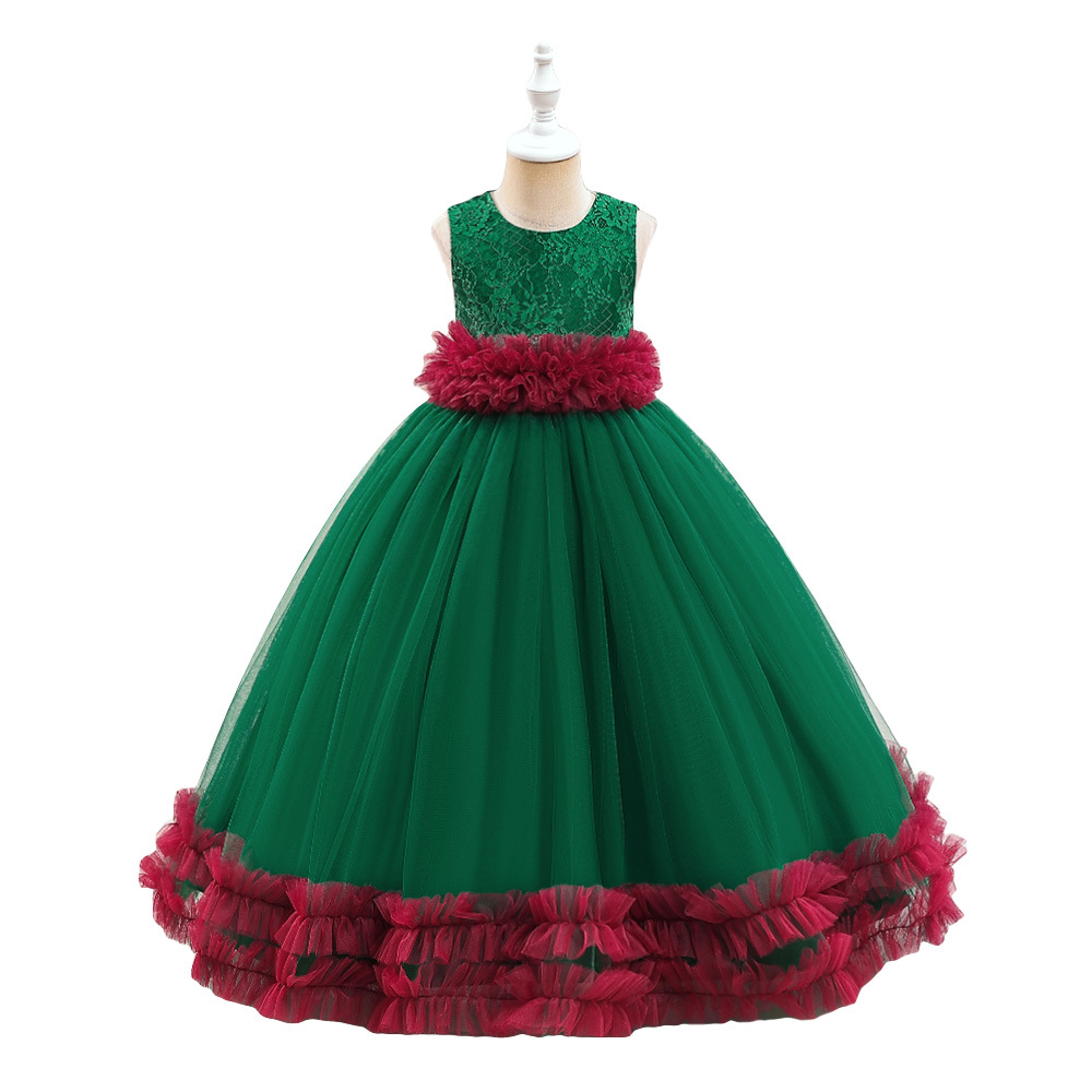 Amazon nuevo Navidad Nochebuena fiesta banquete vestido mediano y grande niños malla bordado vestido princesa vestido en stock
