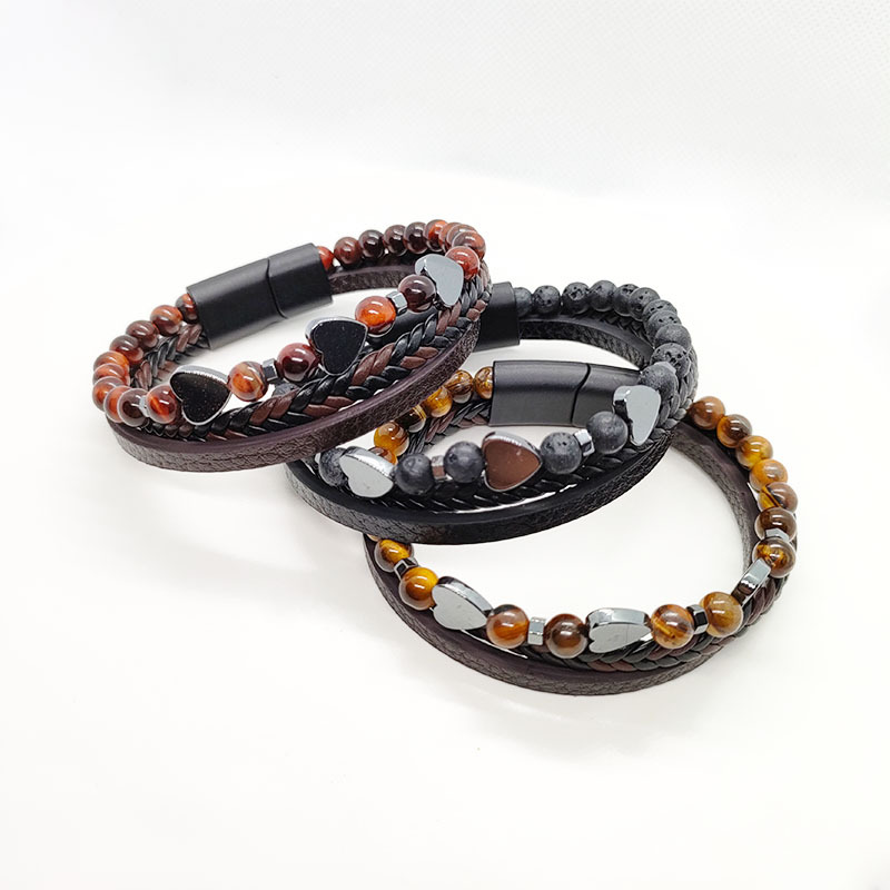 29g Weight Bracelets Classification Leather Rope Chain Material Twisted Rope Chain Chain Type 1 Piece Quantity Holiday, Daily Occasion Alloy, black gallstone Material Heart Shape Pattern All Seasons Season Men's Gender Retro Style Retro Heart Shape Alloy Black Gallstone Men's Bracelets Men Cord & Leather Bracelets 6