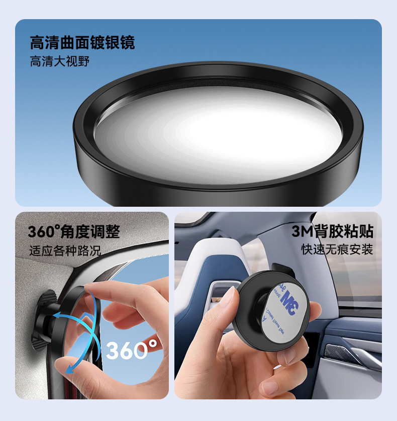 Car Rearview Blind Spot Auxiliary Mirror, Wide-Angle Observation Mirror, Anti-Door-Opening Large Field of View