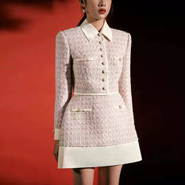 越南小众2024春装粉紫粗花呢修身小香风洋气两件套名媛套装裙1128