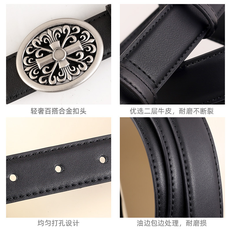 克罗男女款真皮皮带十字架金属镂空扣裤带轻奢百搭圣剑平滑扣腰带|undefined