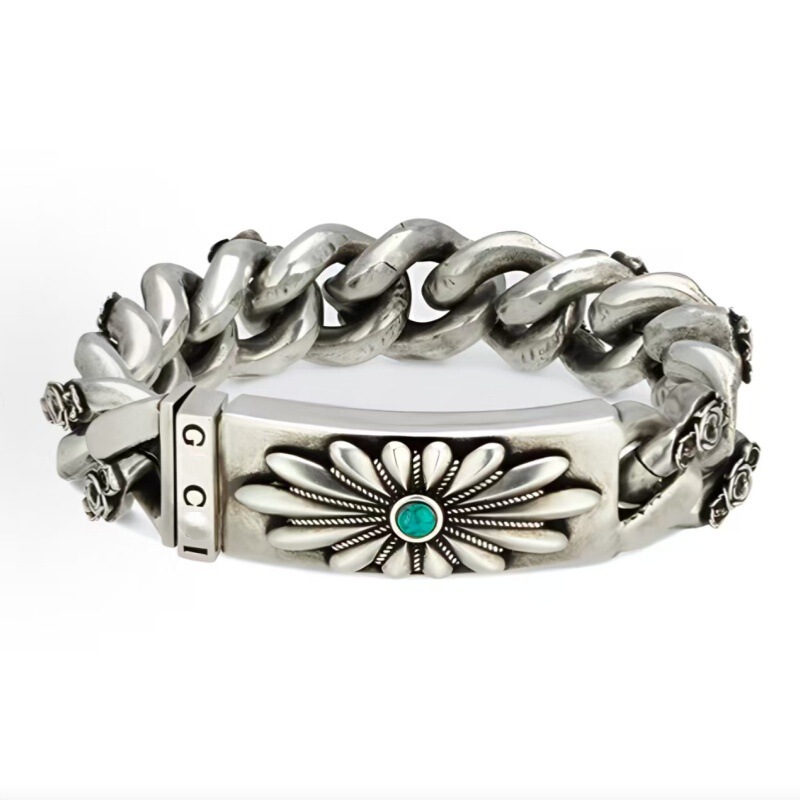 Gujia 925 Double g Retro Distressed Buckle Engraved Pattern Bracelet Men's Turquoise Versatile Bracelet Cross-Border Fashion