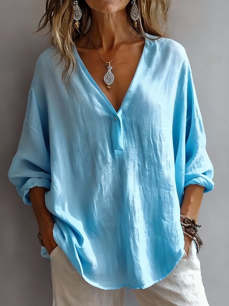 Women's V-Neck Long Sleeve Blouse Relaxed Fit Pullover Top For Autumn Casual Wear_ecoleips.com