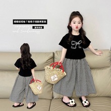 韩版童装2025夏季新款黑色蝴蝶结短袖T恤女宝宝黑白格子阔腿裤潮