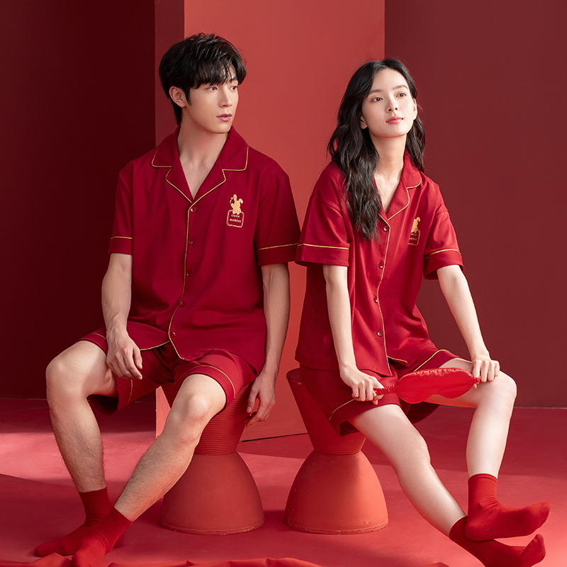 [7A antibacteriano] Conjunto de pijama de pareja de boda rojo verano algodón fino pantalones cortos de manga corta traje de servicio a domicilio