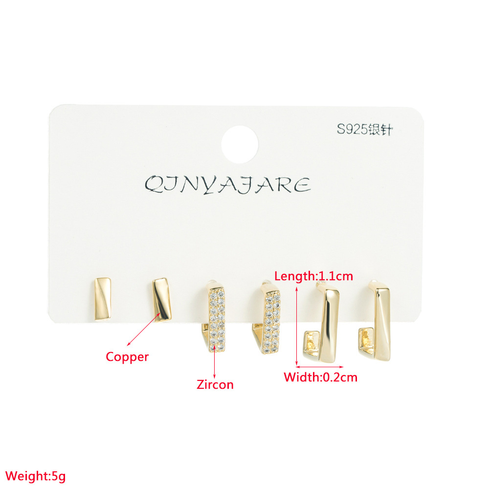 Fashion C Shape Square Copper Earrings Inlay Zircon Copper Earrings 3 Pairs