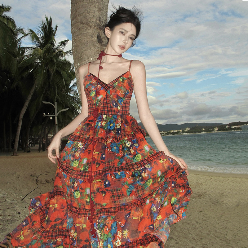 Yunnan Travel Wear Women's Ethnic Style V-neck Sling dress Seaside Vacation Elegant Waisted A- shaped Long Dress Summer