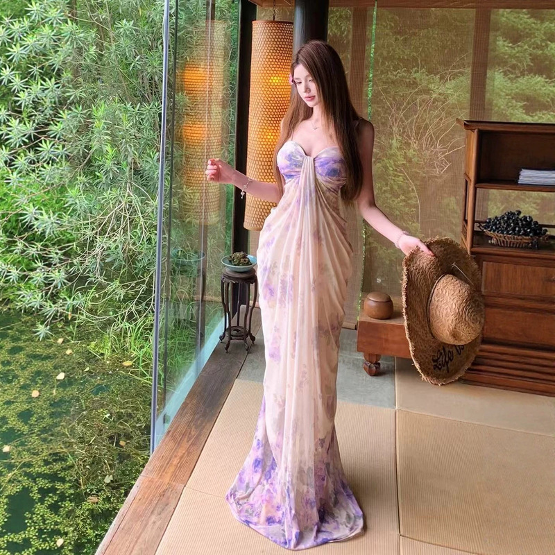 Sexy Resort-Style Purple Floral Suspender Dress for Women, Stunningly Beautiful and Perfect for Photos, Slim-Fitting Mesh Long Dress, Absolutely Stunning
