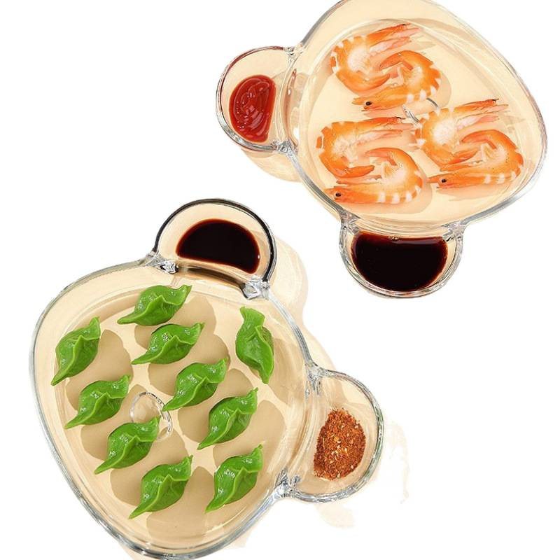 饺子盘玻璃分格盘简约平盘家用带蘸料碟海鲜盘虾盘分餐盘水果盘用|undefined
