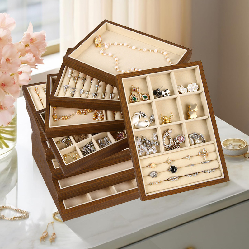复古木纹首饰盘耳钉戒指项链陈列饰品展示盘抽屉内珠宝收纳盒