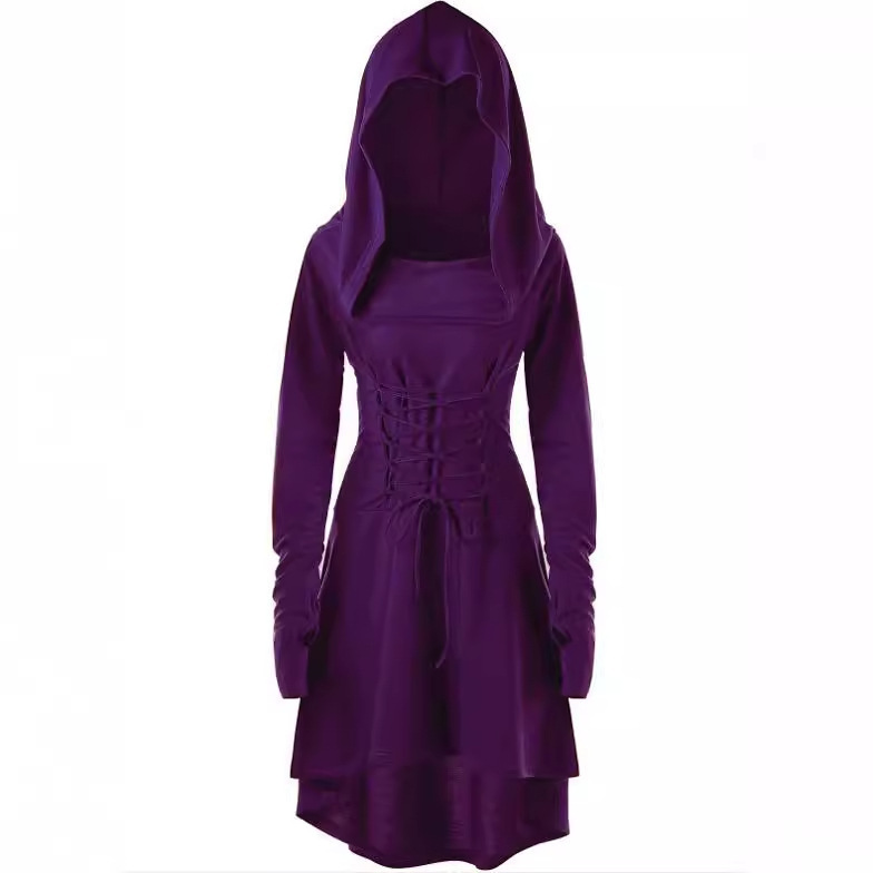 2025 Amazon European and American Foreign Trade Hot-Selling Women's Solid Color Festival Performance Dress Long-Sleeve Hooded Tie-Up Dress 2025 Amazon European and American Foreign Trade Hot-Selling Women's Solid Color Festival Performance Dress Long-Sleeve Hooded Tie-Up Dress