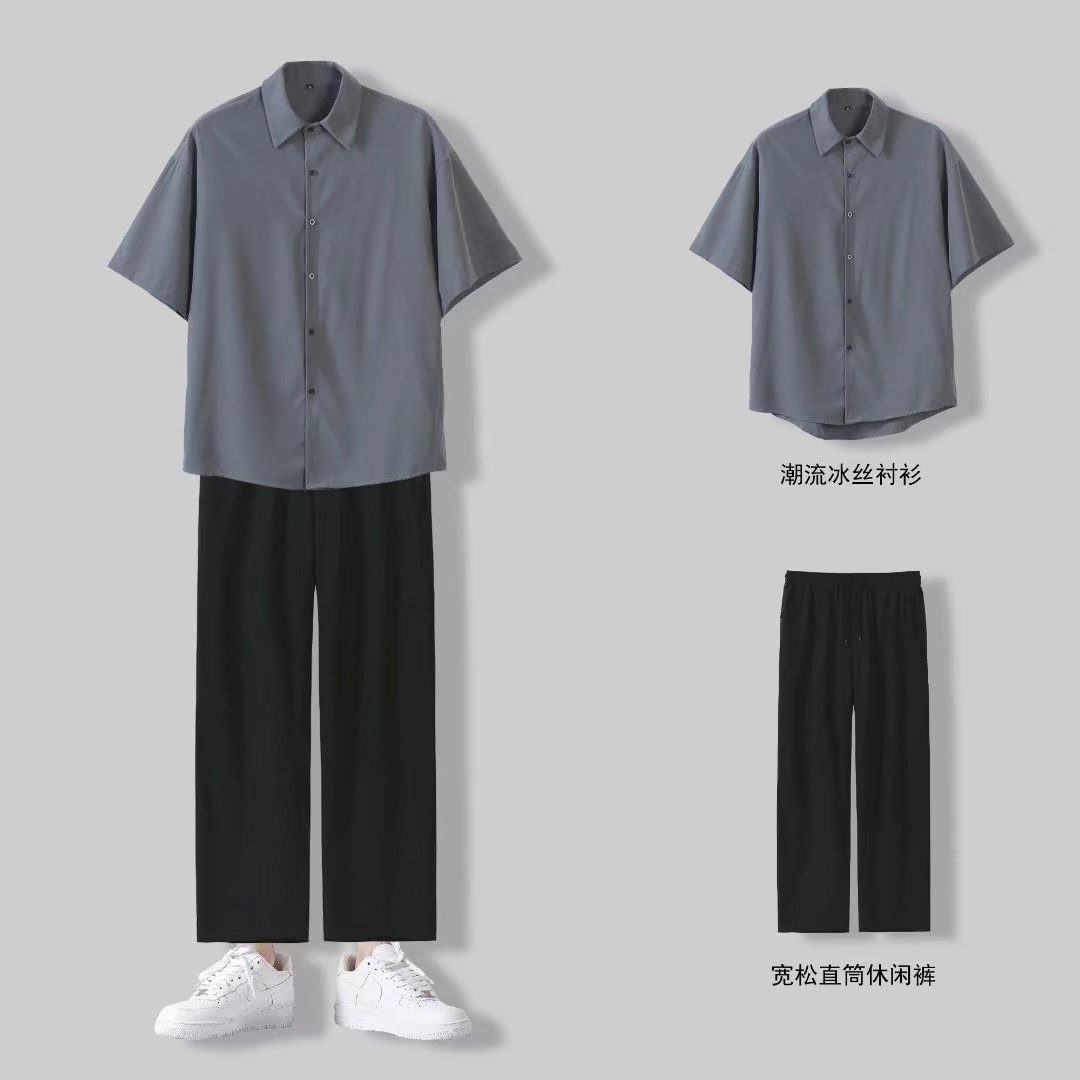 A sophisticated two-piece men's summer set, featuring a cool and slightly rebellious style, including a shirt, short-sleeved top, and wide-leg pants. Dropshipping available.