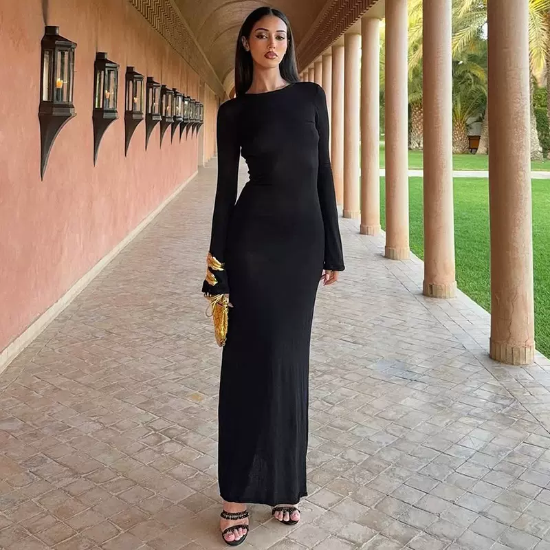 欧美女装2025秋季新款度假风时尚气质微透性感大露背系带连衣裙女