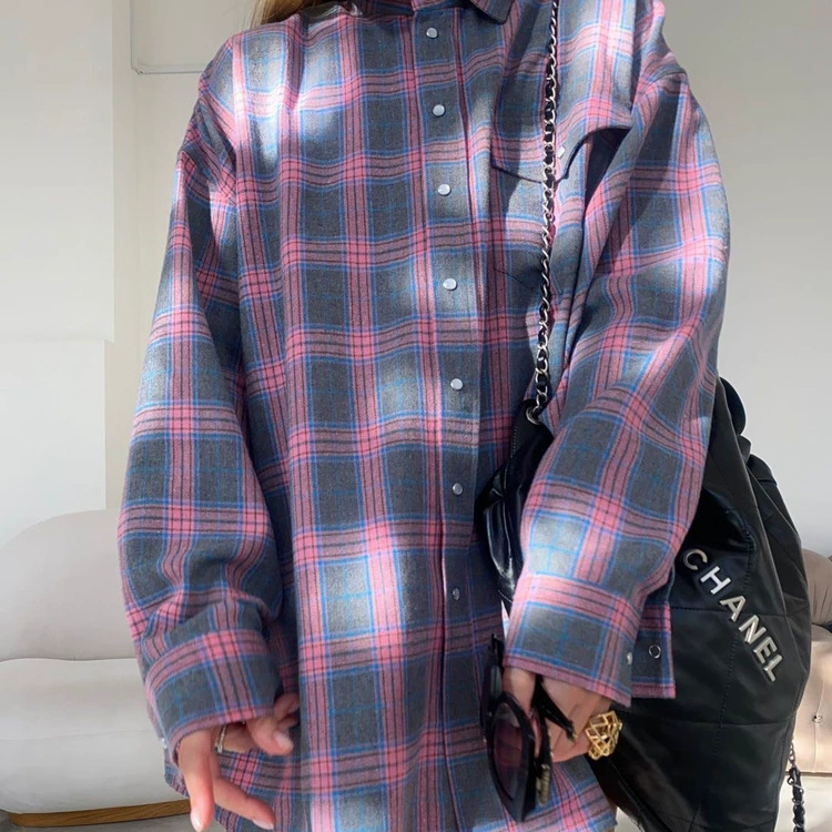 เสื้อแขนยาวฤดูใบไม้ร่วงย้อนยุค ลายตาราง หลายสี ไซส์ S–XL