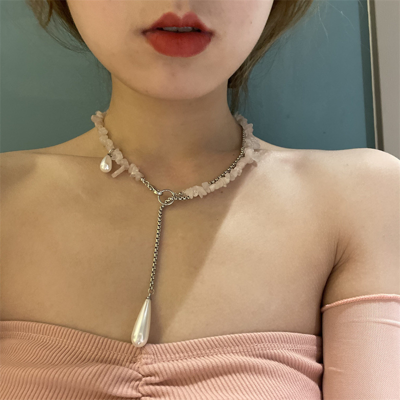 fashion water drop pearl pendant peach pollen stone necklacepicture1