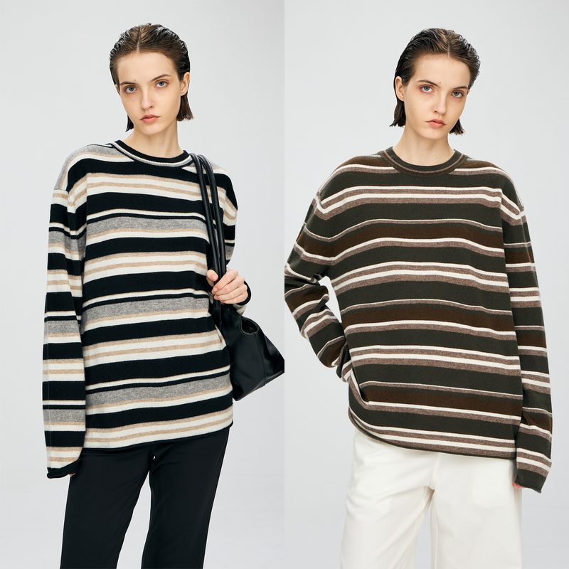 Zhmhz %Merino Wool Retro Colorful Striped Plush Sweater with a Blogger Style, Casual and Loose Fit