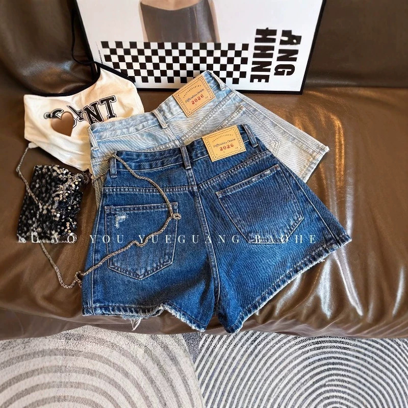 High-Quality~High-Waisted Dark Blue Denim Shorts for Women, 2026 New Style A-Line Wide-Leg Slimming Hot Pants, Student Three-Quarter Shorts